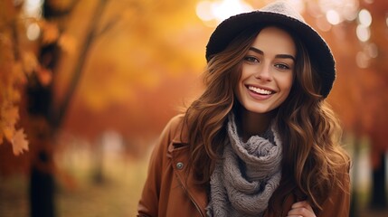 Wall Mural - A woman smiling in an autumn park, captured in the style of Instagram with warm filters and tones