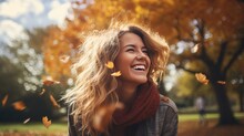 Capturing The Joy Of A Woman's Smile Amidst Autumn Foliage In A Park, Instagram Style Photography, With Ample Copy Space