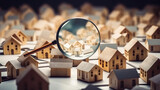 Fototapeta  - buy new home. Searching new house for purchase. Rental housing market. Magnifying glass near residential building
