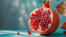 An Image Of A Pomegranate With Seeds Showing A Unique Spotted Pattern Of Bright Orange On A Pale Blue Base,