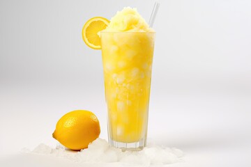 Wall Mural - Lemon slush in tall glass surrounded by fruit and crushed ice on white table