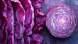 An image capturing the detailed texture of a red cabbage cut, highlighting the gradient from dark red to pale pink,