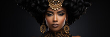 Banner Stunning Model In Golden Jewelry, Traditional African Style, And Elegant Makeup. AI Generative