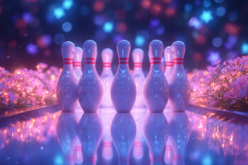 Poster - An illustration of a bowling game where the pins are holograms, disappearing when hit,