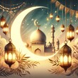 Ramadan illustration with mosque design and bamboo lanterns