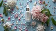 Aesthetic presentation of a beauty product amidst blossoming flowers and water droplets, evoking freshness, generative ai