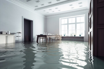 Wall Mural - Ecological disaster destructive flood in residential private house in room.