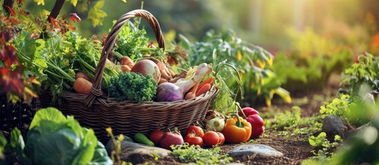 Aufkleber - fresh harvested vegetables in a basket in the garden. creative banner. copyspace image