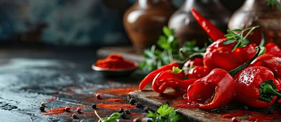 Poster - Close up of fresh organic red paprika being grilled on open flame Preparing traditional Balkan s delicacy Ajvar spread. Creative Banner. Copyspace image