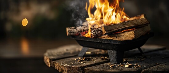 Canvas Print - Freshly lit barbecue fire with logs of burning wood over small chips of kindling in a portable BBQ. Creative Banner. Copyspace image