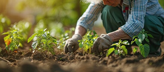 Aufkleber - Farmer 50s senior woman holds green pepper seedlings in her hands Planting green pepper seedling in garden bio farming High quality photo. Creative Banner. Copyspace image