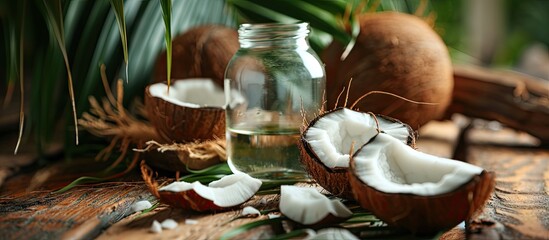 Poster - Coconut oil with fresh coconut for alternative therapy. Creative Banner. Copyspace image