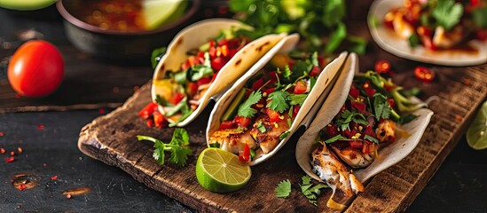 Aufkleber - Delicious tacos with grilled fish cilantro lime cabbage carrot jalapeno and radish with mexican chili crema sauce. Creative Banner. Copyspace image