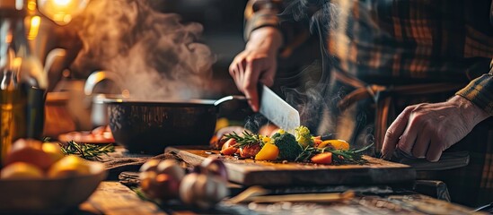 Poster - Cooking man father cooker Preparation of soup lunch dinner in kitchen Cutting vegetables potatoes carrots onions on wooden board Large knife Large pot of boiling water Surprise help for wife
