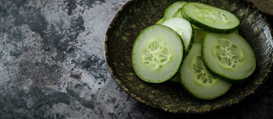 Poster - fresh cucumber sliced in a plate on table. Creative Banner. Copyspace image