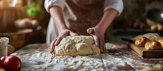 Poster - Close up view of baker kneading dough Homemade bread Hands preparing bread dough on wooden table Preparing traditional homemade bread Woman hands kneading fresh dough for making bread