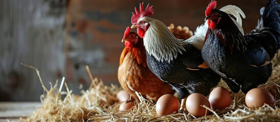 Poster - Fresh Chicken Rooster Eggs on Hay at Local Farmer Market. Creative Banner. Copyspace image