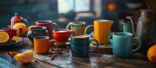 Poster - Breakfast relaxation time concept Different coffee mugs and cups on a cozy kitchen table Top view flat lay background. Creative Banner. Copyspace image