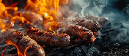 Poster - Brats being cooked on a grill with flame and smoke. Creative Banner. Copyspace image