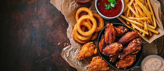 Canvas Print - Fried Chicken wings with onion rings french fries and dipping sauce take away food. Creative Banner. Copyspace image