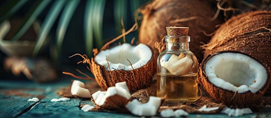 Poster - Coconut oil with fresh coconut for alternative therapy. Creative Banner. Copyspace image