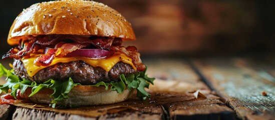 Poster - big juicy burger with bacon and melted pepper jack cheese. Creative Banner. Copyspace image