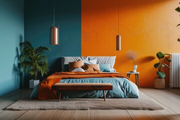 Wall Mural - Modern bedroom interior with trendy combination of  blue and orange colors elements