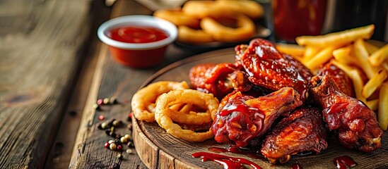 Aufkleber - Fried Chicken wings with onion rings french fries and dipping sauce take away food. Creative Banner. Copyspace image