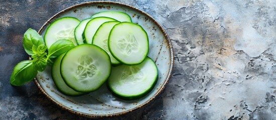 Wall Mural - fresh cucumber sliced in a plate on table. Creative Banner. Copyspace image