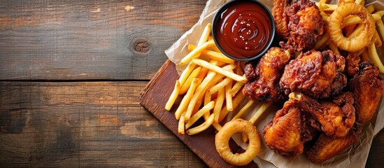 Wall Mural - Fried Chicken wings with onion rings french fries and dipping sauce take away food. Creative Banner. Copyspace image