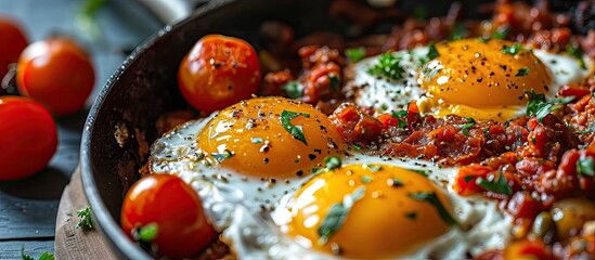 Canvas Print - Fried eggs with chorizo and tomato paste in the pan close up. Creative Banner. Copyspace image