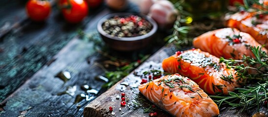 Poster - Fresh raw scandinavian salmon fillet Rosemary and thyme Salt and pepper On old wooden board Pescetarian seafood for cooking Preparation nutrition seafish Horizontal top view. Creative Banner