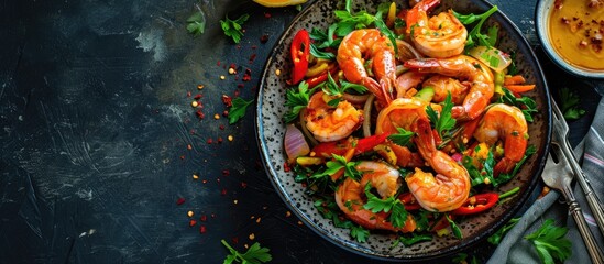 Aufkleber - Fresh shrimp on white plate and fresh vegetables cooked shrimps prawns and seafood spicy chili sauce coriander cooking shrimp salad lemon lime. Creative Banner. Copyspace image