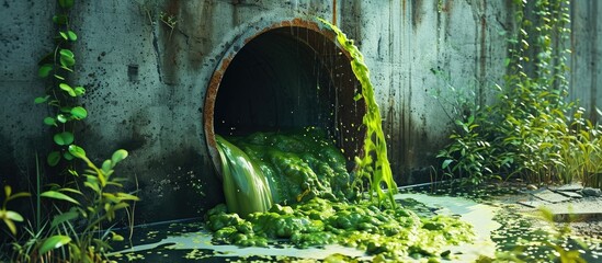 Aufkleber - Bright green polluted effluent flowing through a drainage pipe exiting through a concrete wall in an environmental and ecological concept. Creative Banner. Copyspace image