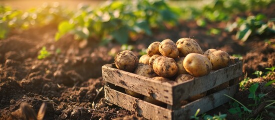 Sticker - Fresh potatoes in a wooden box in field Harvesting organic potatoes Agriculture and farming. Creative Banner. Copyspace image