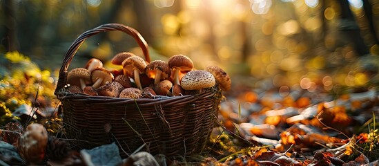 Leinwandbilder - Edible mushrooms porcini in the wicker basket in grass in forest in sunligh close up. Creative Banner. Copyspace image
