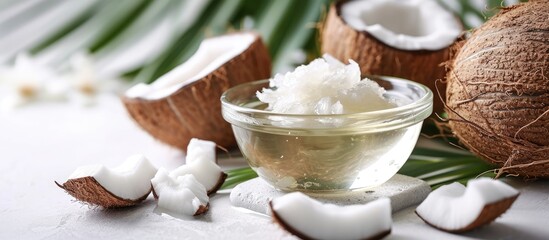 Poster - Coconut oil in a bowl on white background Also copra oil an edible oil extracted from the kernel of meat of mature coconuts harvested from the coconut palm Cocos nucifera Isolated macro photo