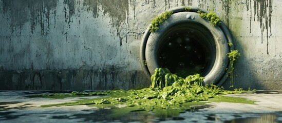 Aufkleber - Bright green polluted effluent flowing through a drainage pipe exiting through a concrete wall in an environmental and ecological concept. Creative Banner. Copyspace image