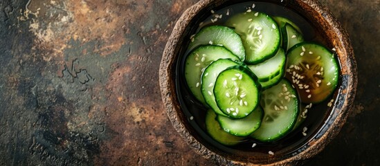 Poster - close up of Sunomono Japanese Cucumber Salad sliced cucumbers with Asian dressing of soy sauce rice vinegar sesame oil and sugar in white bowl. Creative Banner. Copyspace image