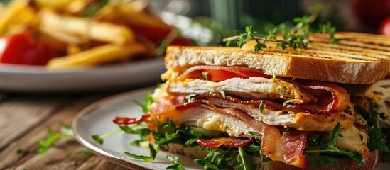 Aufkleber - Club sandwich with chicken breast bacon tomato cucumber and herbs. Creative Banner. Copyspace image