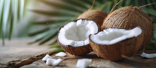 Poster - Coconut oil with fresh coconut for alternative therapy. Creative Banner. Copyspace image