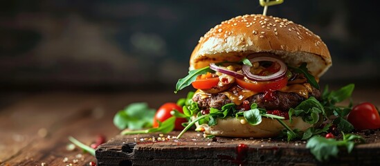 Poster - Close Up Of Veggie Burger On Cutting Board. Creative Banner. Copyspace image