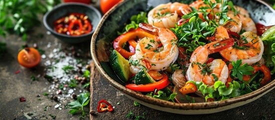 Aufkleber - Fresh shrimp on white plate and fresh vegetables cooked shrimps prawns and seafood spicy chili sauce coriander cooking shrimp salad lemon lime. Creative Banner. Copyspace image