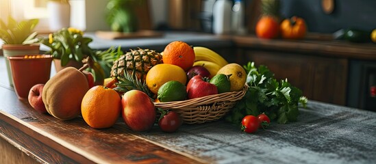 Poster - Female nutritionist with board with fresh fruits and vegetables in her office. Creative Banner. Copyspace image