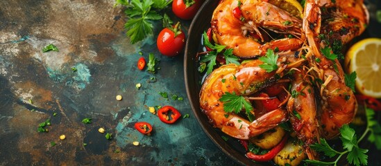 Aufkleber - Fresh shrimp on white plate and fresh vegetables cooked shrimps prawns and seafood spicy chili sauce coriander cooking shrimp salad lemon lime. Creative Banner. Copyspace image