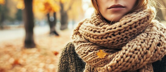 Poster - Fashionable woman is walking in park at fall season Woman wearing long knitted sweater and wool scarf outdoors Fashion and lifestyle concept. Creative Banner. Copyspace image