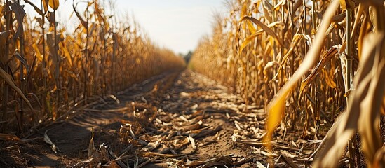 Poster - Dry corn field dry corn stalks end of season. Creative Banner. Copyspace image