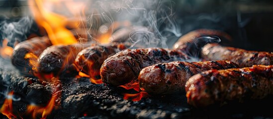 Poster - Brats being cooked on a grill with flame and smoke. Creative Banner. Copyspace image