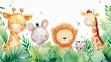 Fototapeta Pokój dzieciecy - Watercolor Illustration Baby Safari Animal banner, background