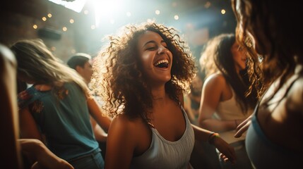 Wall Mural - Group of young women dancing in a party, real photo, stock photography with a documentary-style approach, capturing candid moments and emotions